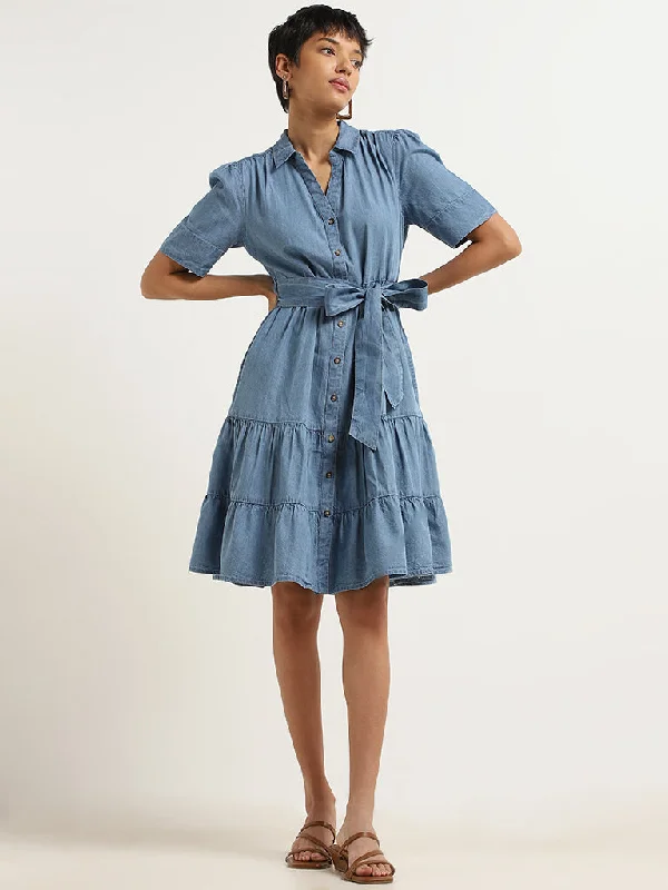 LOV Blue Denim Shirt Dress with Belt Women's Trench Blazer
