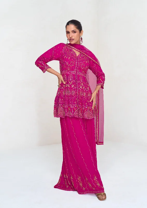 Magenta Georgette Embroidered Palazzo Suit with Net Dupatta Women's Vintage Jacket