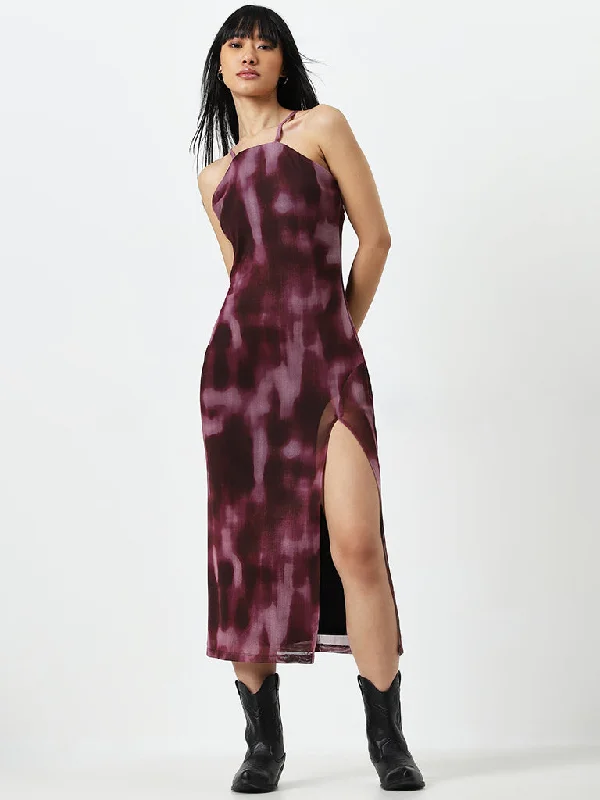 Nuon Wine Bodycon Mesh Detailed Dress Women's Elegant Blazer