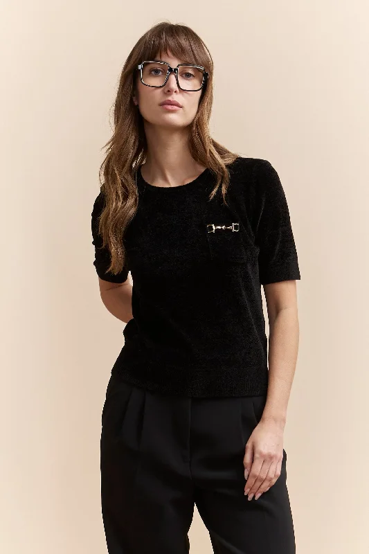 Velvet knit t-shirt with embellishment Elegant High-Neck Knit