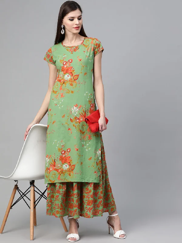 Women Green & Orange Floral Printed Double Layered Maxi Dress Women's Handmade Blazer