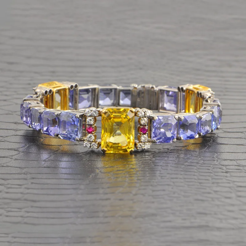 Once-A-Year Jewelry Sale – Grab Your Favorites Now Oscar Heyman Vintage 1940s Blue and Yellow No-Heat Sri Lankan Sapphire Statement Bracelet in Platinum